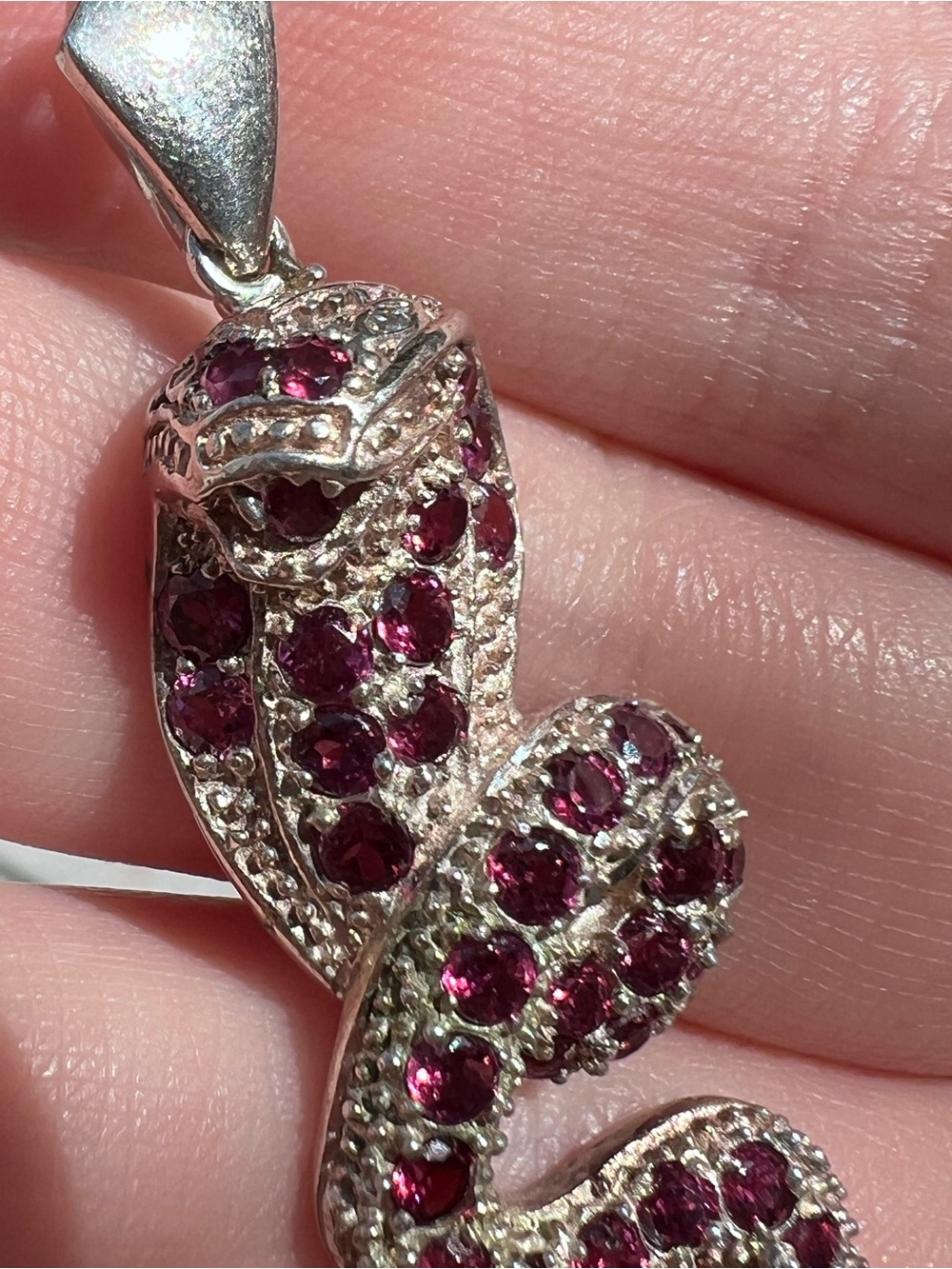 925 Sterling Silver Pave Gemstone Snake Pendant 2.5” Pink Stones